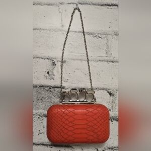 JNB Coral Faux Python Ring Handle Box Clutch Crossbody Statement Bag